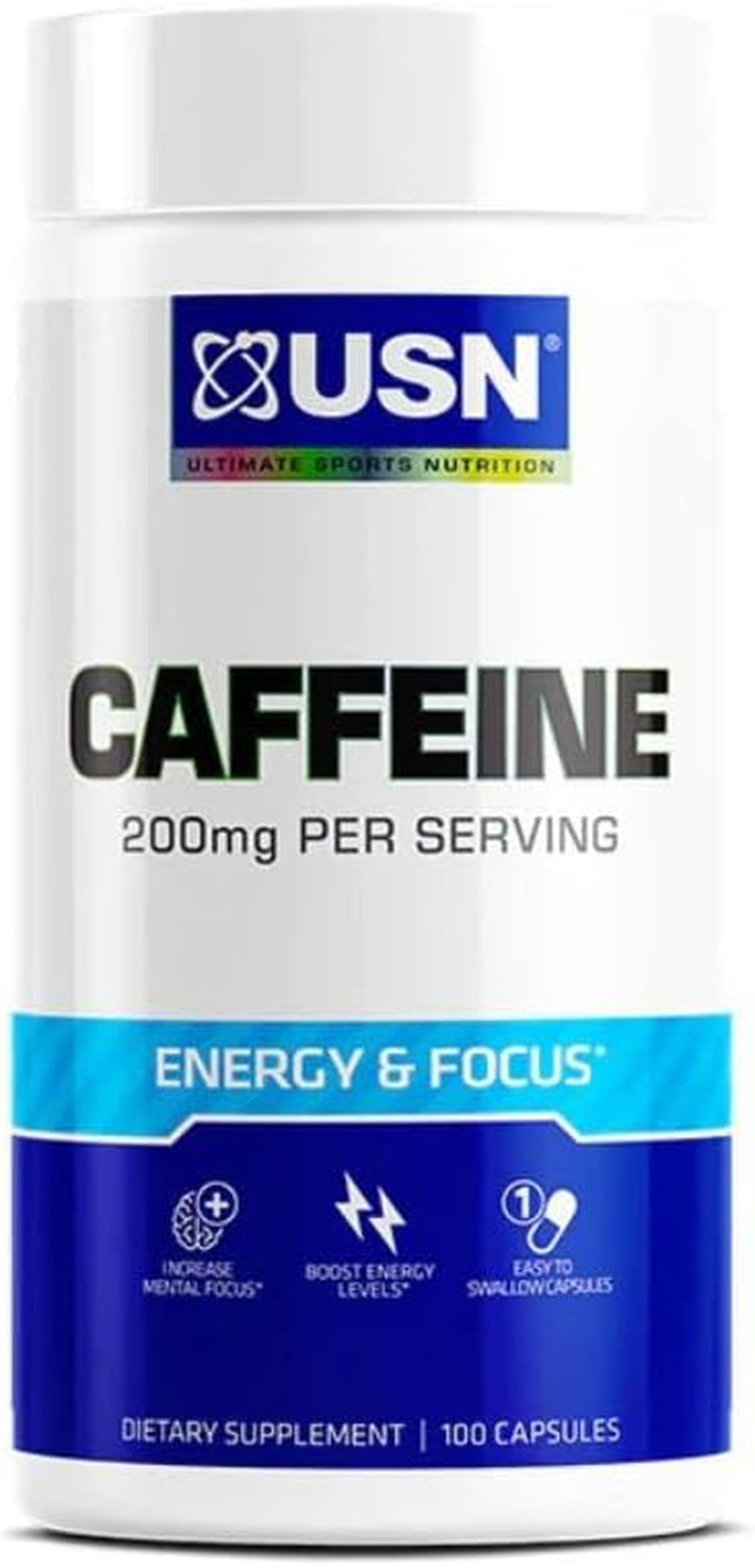 USN Caffeine - Boost Energy, Alertness, and Focus - 200Mg per Serving, 100 Easy to Swallow Capsules