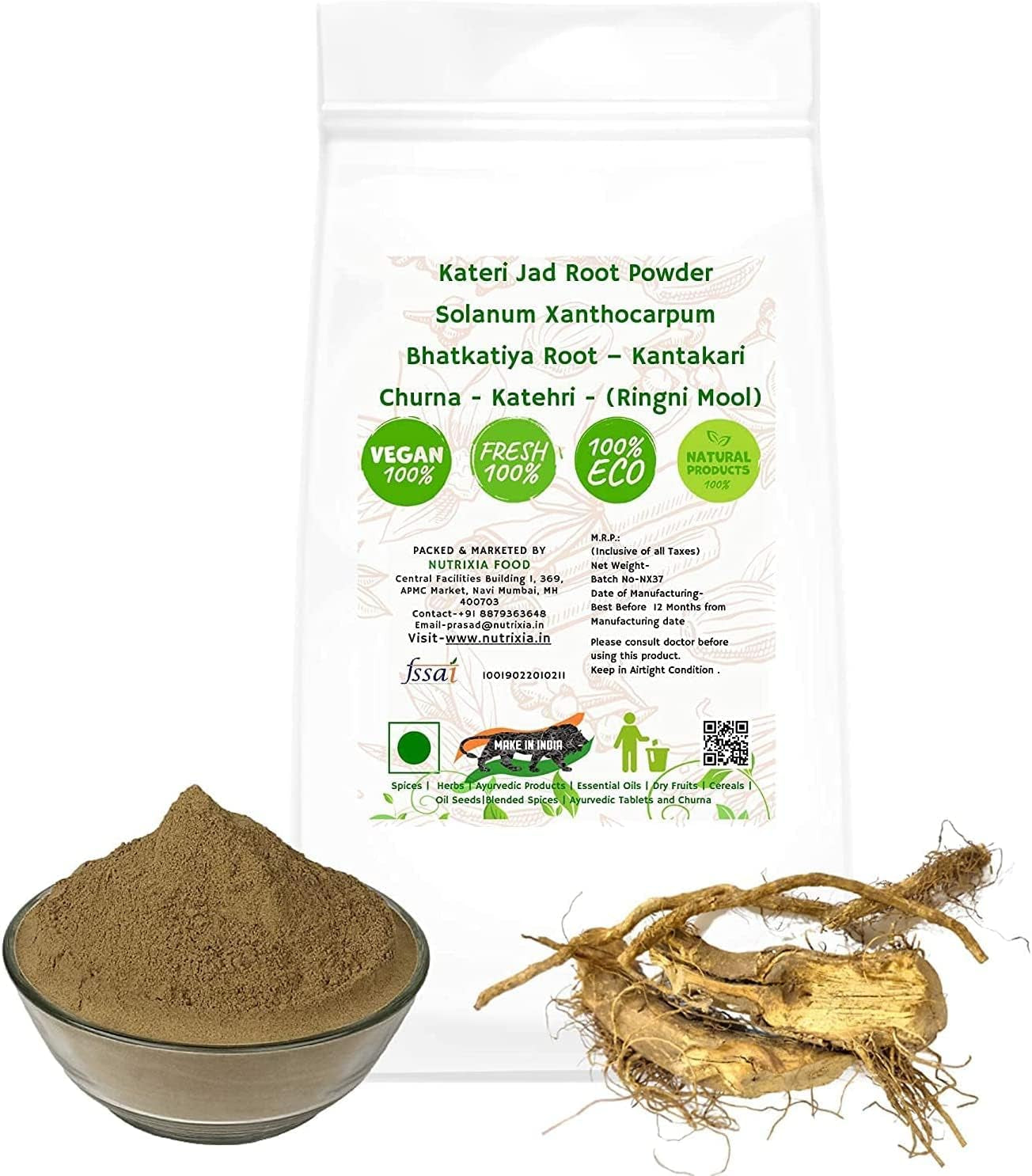 BETT Kateri Jad Root Powder Solanum Xanthocarpum Bhatkatiya, Root Powder – Kantakari Churna - Katehri - (Ringni Mool) (100 GMS)