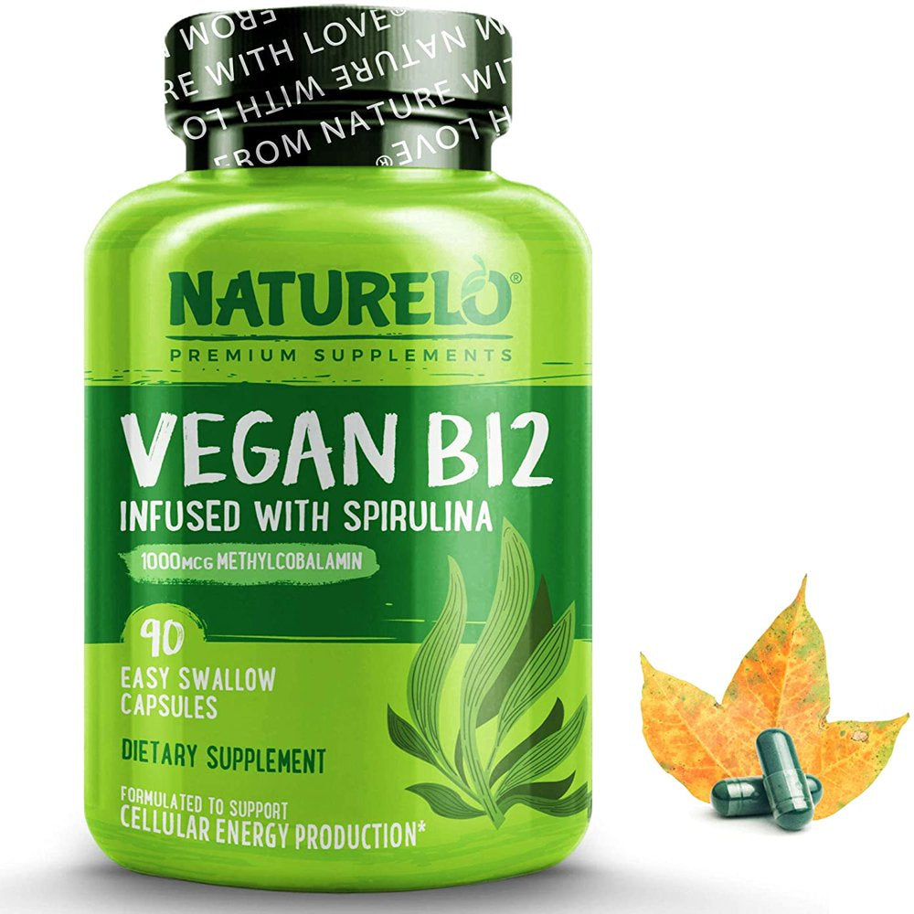 NATURELO Vegan B12 - Methyl B12 with Organic Spirulina - High Potency Vitamin B12 1000 Mcg Methylcobalamin - Supports Healthy Mood, Energy, Heart & Eye Health - 90 Capsules