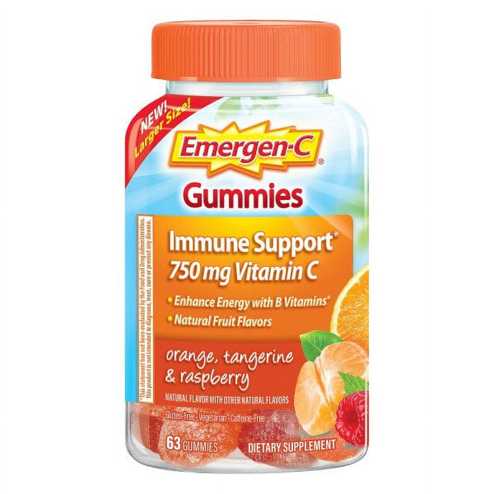 Emergen-C 750Mg Vitamin C Gummies for Adults, Immune Support with B Vitamins, Gluten Free, Orange, Tangerine and Raspberry Flavors - 63 Count