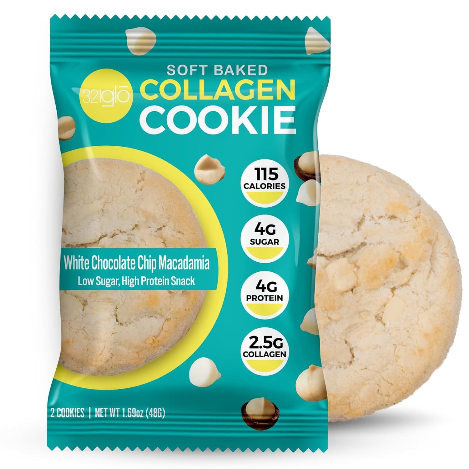 321Glo Collagen Cookies | Soft Baked, High Protein Cookies | Low Carb, Low Sugar | Keto Snack for Women, Men, & Kids | 6 Pack (White Chocolate Chip Macadamia)