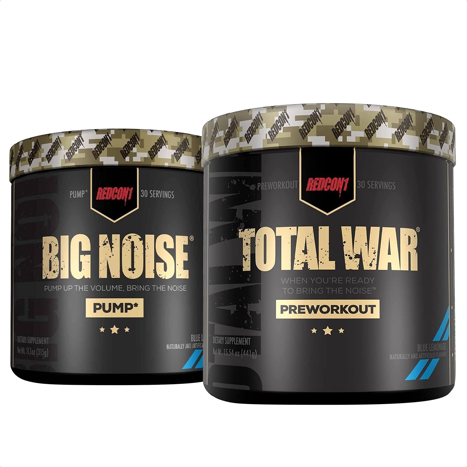 REDCON1 Total War Preworkout (Blue Lemonade) & Big Noise Non-Stim Preworkout Powder (Blue Lemonade) Stack - Pre Workout Duo for Energy, Focus & Endurance - Keto (2 Products, 30 Servings Each)