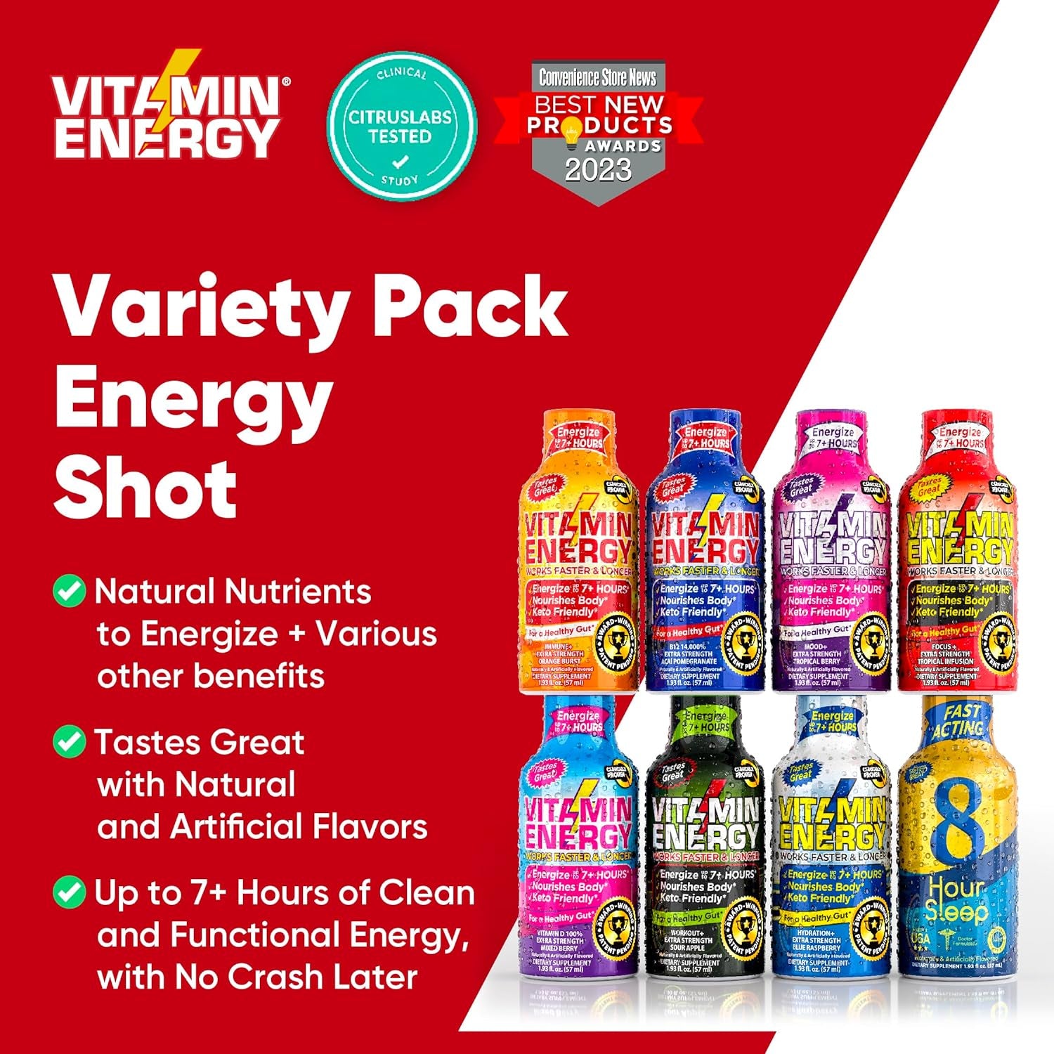 Vitamin Energy Variety | Wellness Shots | Natural Healthy Energy, Focus, Immune, & Sleep Drinks | Sugar & Carb-Free Supplement | Vitamins & Nutrients Energize up to 7+ Hours | 1.93 Fl Oz (Pack of 12)