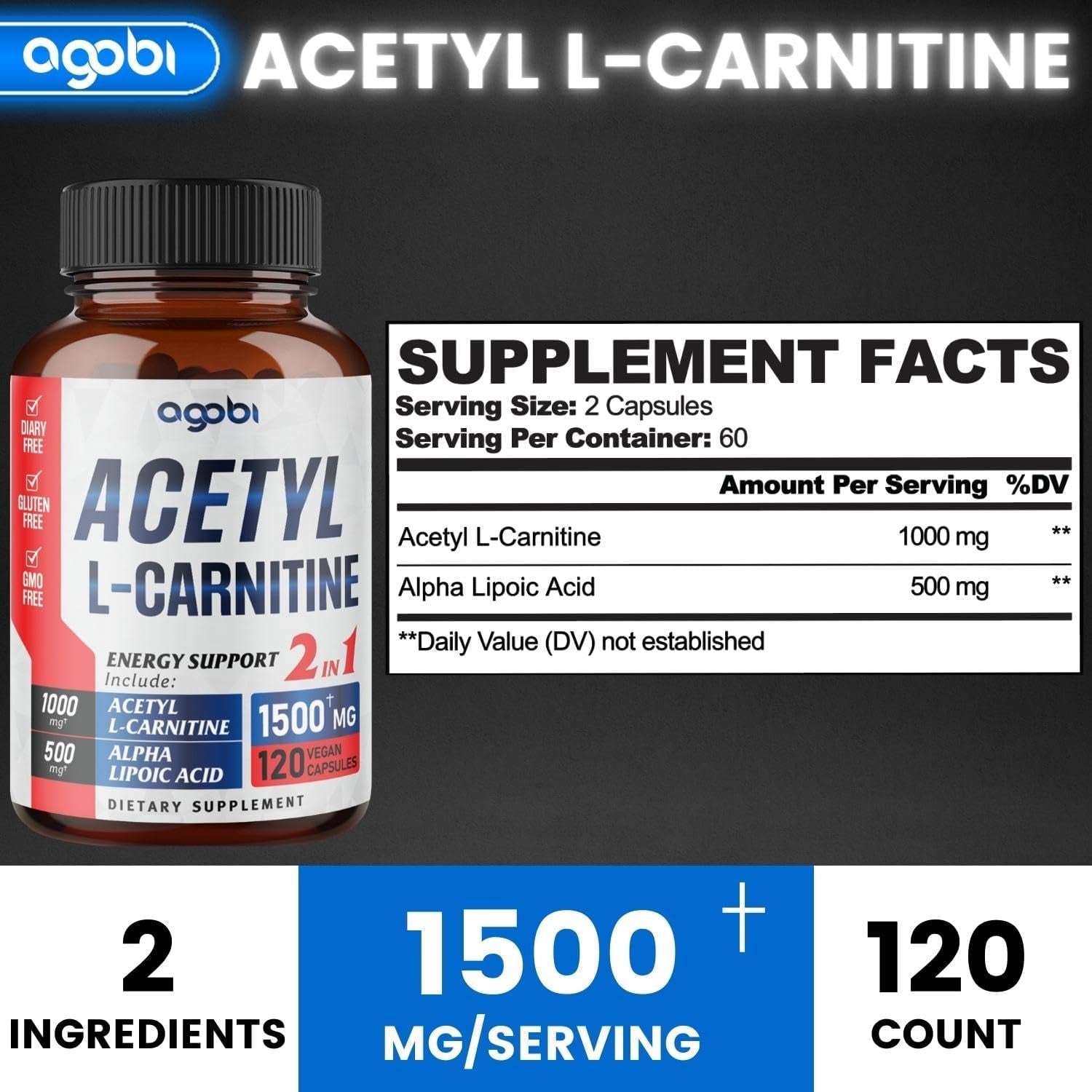 Agobi Acetyl L-Carnitine & Alpha Lipoic Acid Complex 1500Mg - Supplement for Brain Health, Memory, Focus & Mood Support - 120 Vegan Capsules for 2 Month Supply - Gluten-Free, Non-Gmo