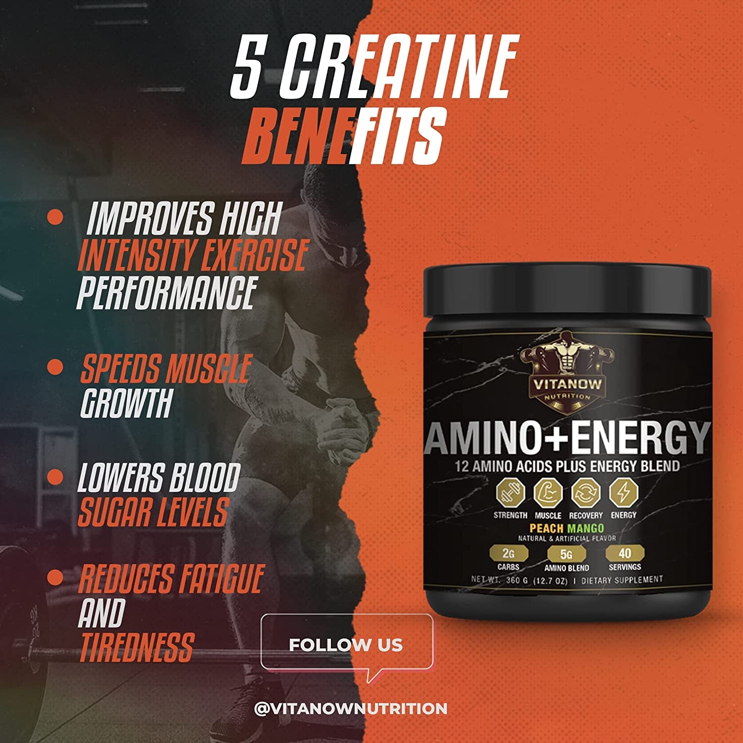 VITANOW NUTRITION Amino+Energy, 12 Amino Acids plus Energy Blend, Contain Carbs, 360G, 40 Servings (Raspberry Ice Tea)