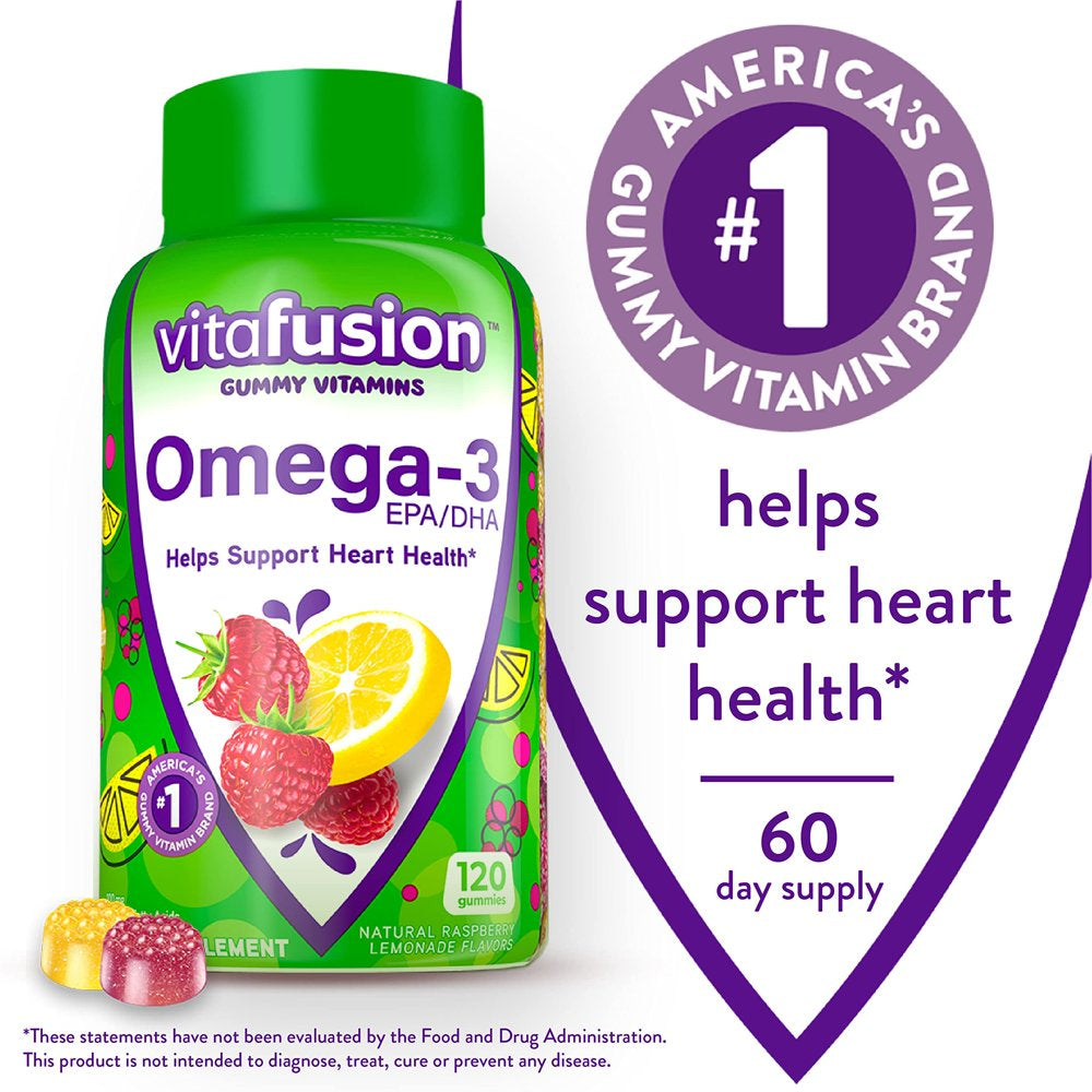 Vitafusion Omega-3 Gummy Vitamins, Berry Lemonade Flavored, Heart Health Vitamins(1) with Omega 3 EPA/DHA and Vitamins A, C, D and E, America’S Number 1 Gummy Vitamin Brand, 60 Day Supply, 120 Count