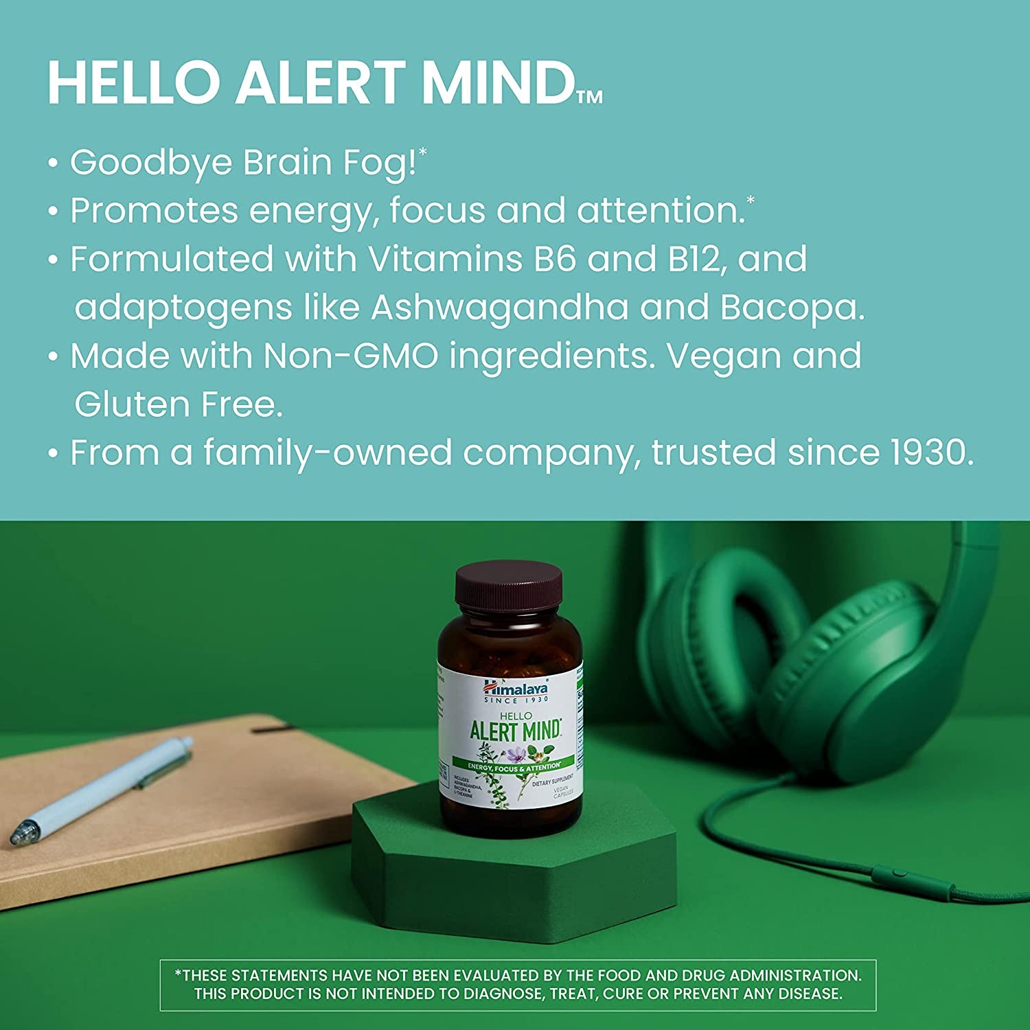 Himalaya Hello Alert Mind with Ashwagandha, Bacopa, L-Theanine, Vitamin B6 & B12, for Energy, Focus & Attention, Vegan, Gluten Free, 60 Capsules