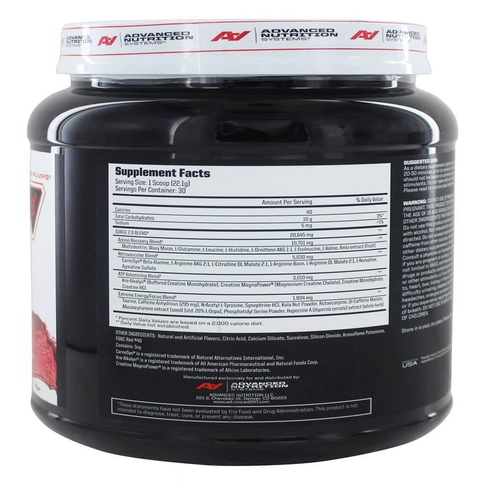 Advanced Nutrition Systems | SURGE 2.0 - Pre Workout Energy Powder; with Alkalyn, Creatine Magnapower, Carosyn Beta Alanine, Nitric Oxide| Pineapple, 663 G, 30 Servings