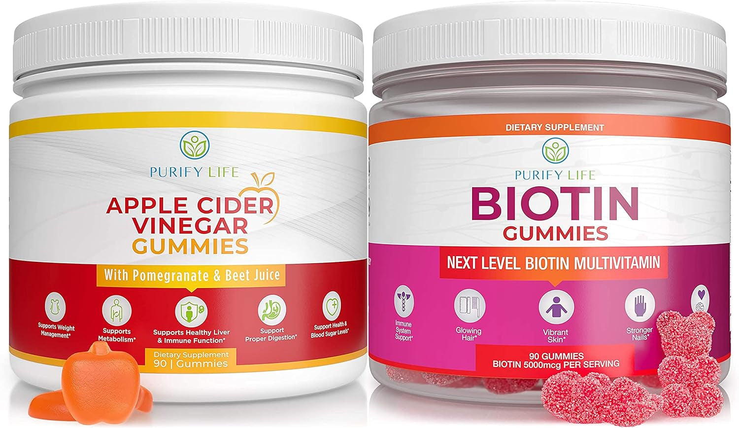 Purify Life Apple Cider Vinegar & Biotin Bundle, Gummies for Hair Skin and Nails (Bulk - 90 Chews), Gut Health & Digestion, Immune Support, Detox, Metabolism- No Capsules, Pills, Tablets or Syrup