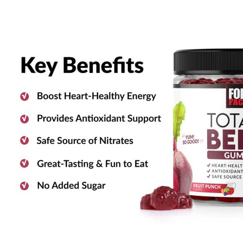 Total Beets Gummies Beet Supplement with Beet Powder, Beet Superfood with Nitrates, Great-Tasting Beet Chewables for Heart-Healthy Energy, Antioxidant Support, and More, Force Factor, 60 Gummies