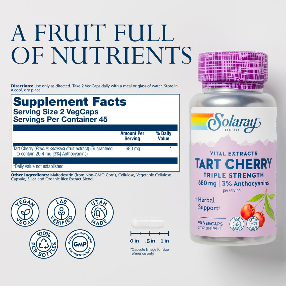 Solaray Triple Strength Tart Cherry Fruit Extract | Helps Support Healthy Uric Acid Levels W/ Antioxidants & Anthocyanins | Non-Gmo & Vegan | 90Ct
