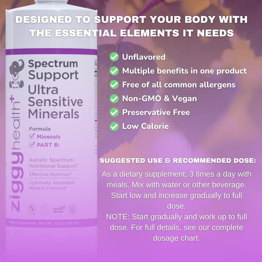 ZIGGYHEALTH Spectrum Support Ultra Sensitive Minerals - Liquid Formula for Kids Adults & Seniors, Brain Focus Supplement, Digestive & Metabolic Support, Herb Free, Detox Gut Health, Vegan (16 Oz)