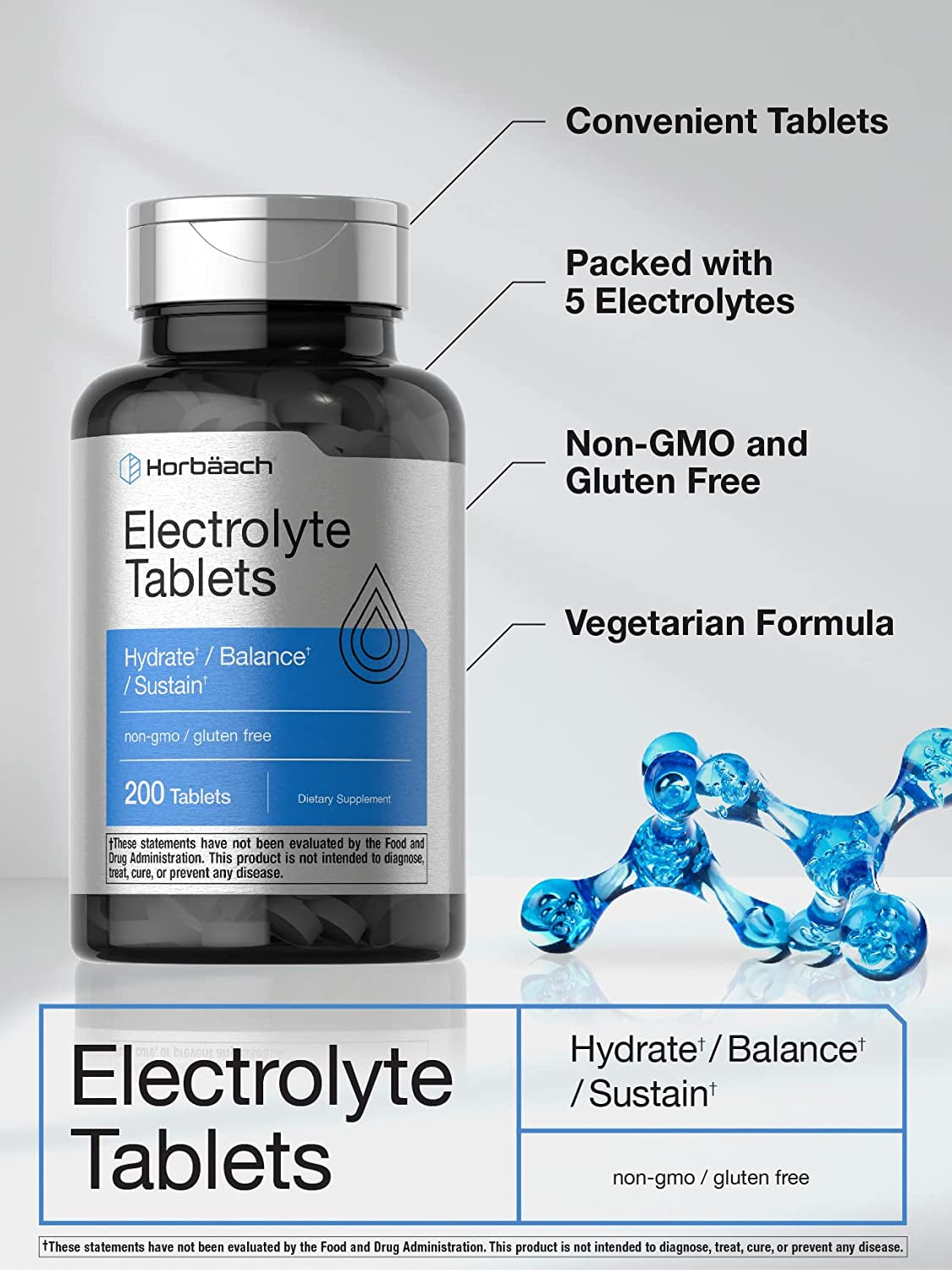 Electrolyte Tablets | 200 Count | Vegetarian | Keto-Friendly | Non-Gmo, and Gluten Free Hydration Supplement | by Horbaach