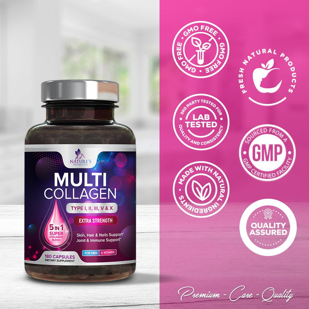 Multi Collagen Complex Pills - Type I, II, III, V, X, Grass Fed & Non-Gmo Hydrolyzed Collagen Peptides Supplement - Supports Hair, Nails, Skin & Joint Health, Gluten-Free, Paleo & Keto - 180 Capsules