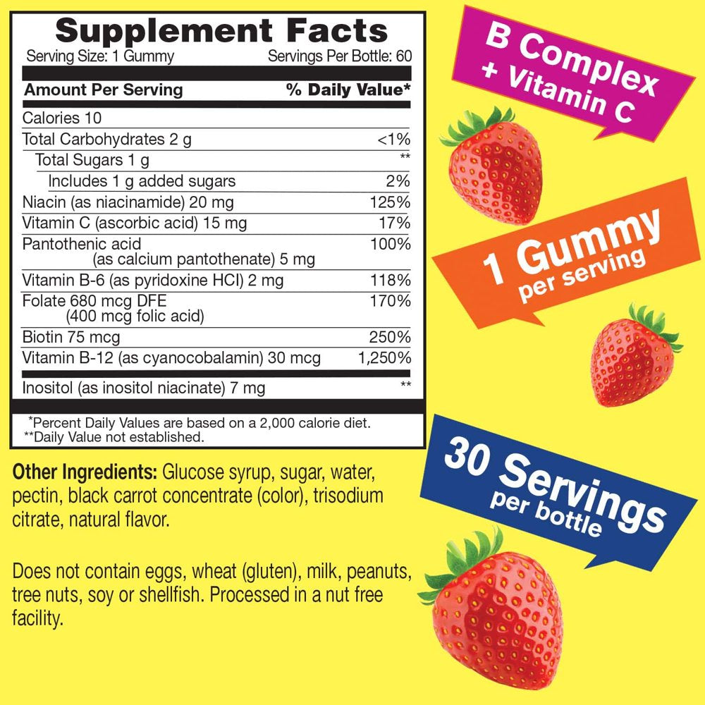 Wellyeah Vitamin B Complex Gummies -With Vitamin C, Niacin, Vitamin B6, Folic Acid, Vitamin B12, Biotin & Pantothenic Acid - 2 Month Supply -Natural Strawberry Flavor, Non GMO, Gluten Free -60 Gummies
