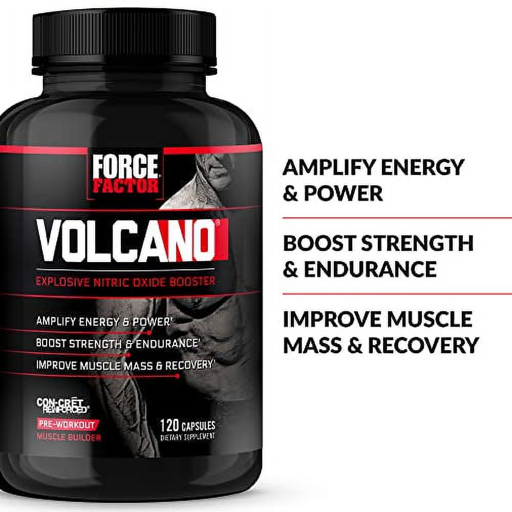 Volcano Pre Workout Nitric Oxide Booster Supplement for Men with Creatine and L-Citrulline to Boost Nitric Oxide and Energy, Build Muscle, Better Pump and Workout, Force Factor, 120 Capsules