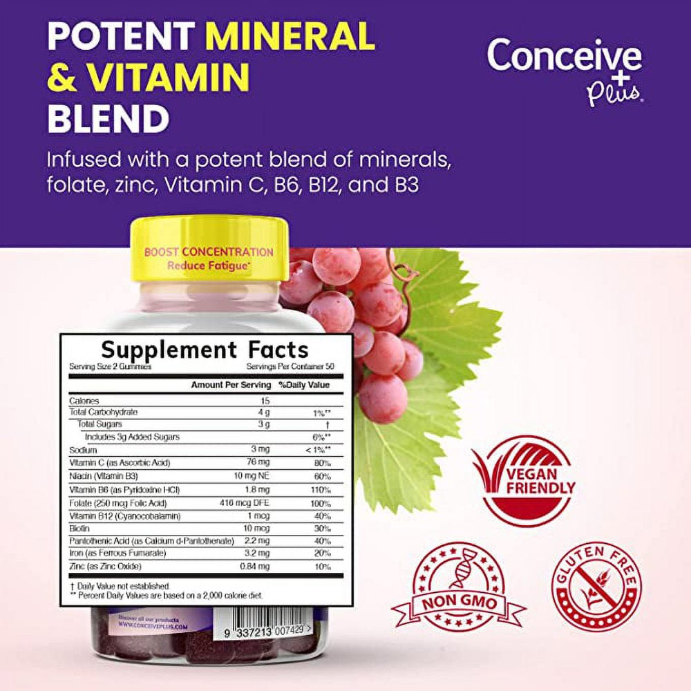 CONCEIVE plus Iron Gummies - Iron Vitamins for Women, Chewable, Biotin & Vitamin C, Grape Flavor Gummy - No after Taste, 100 Count
