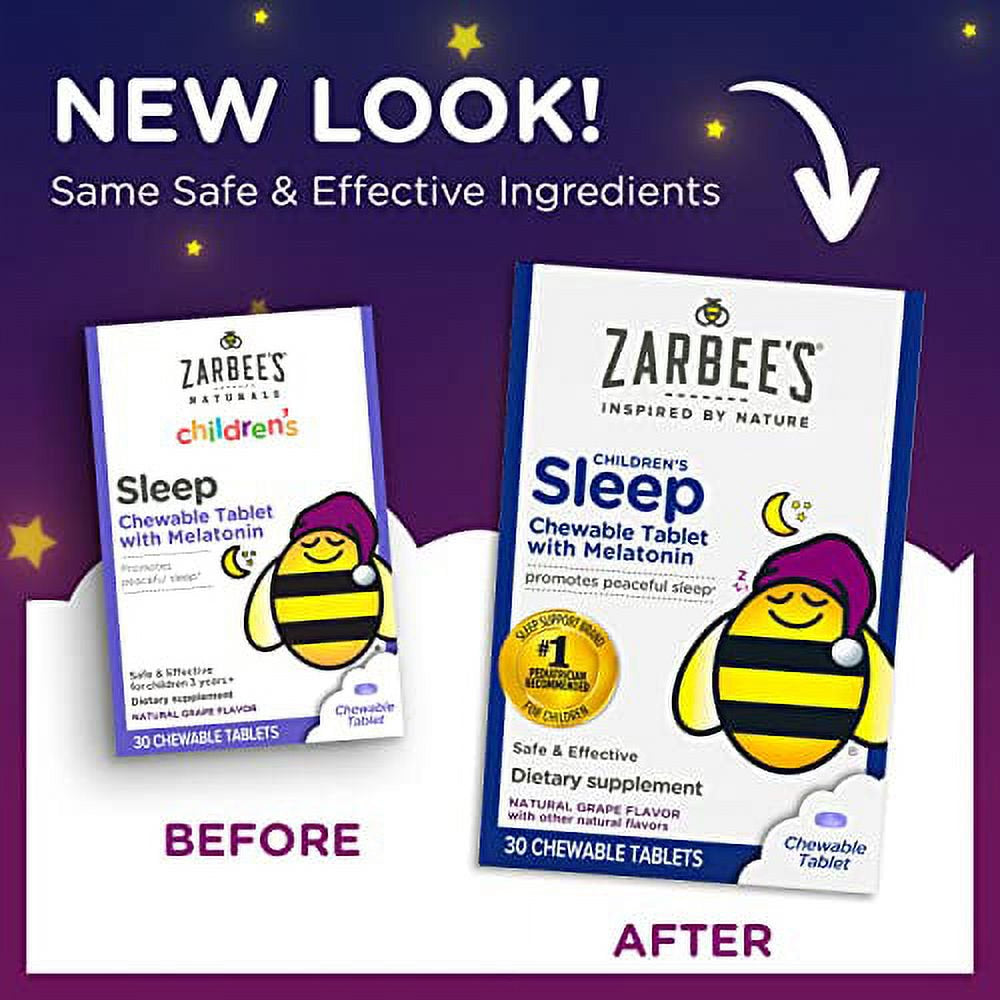 Zarbee'S Kids 1Mg Melatonin Chewable Tablet, Drug-Free & Effective Sleep Supplement, Easy to Take Natural Grape Flavor Tablets for Children Ages 3 and Up, 30 Count