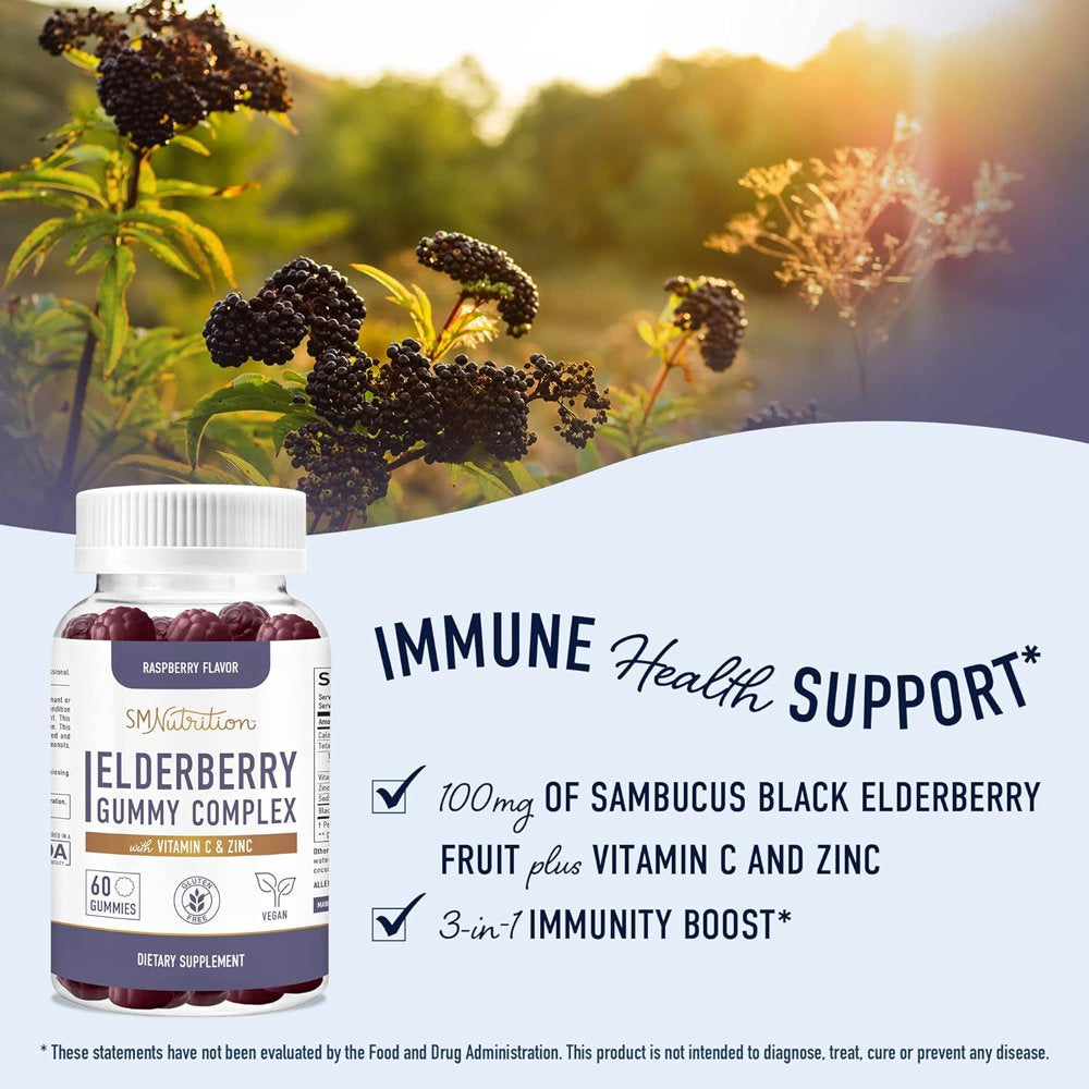 Vitamin C & Black Elderberry Gummies for Adults - Elderberry, Zinc, & Vitamin C Gummies for Immune Support - Real Sambucus Elderberry Gummies - 100Mg Immune Support Gummies (60Ct)