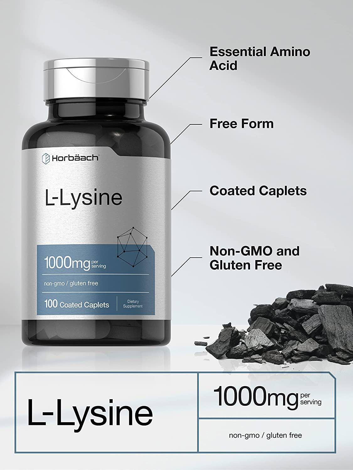 L-Lysine 1000Mg | 100 Coated Caplets | Free Form Dietary Supplement | Vegetarian, Non-Gmo, and Gluten Free Formula | by Horbaach