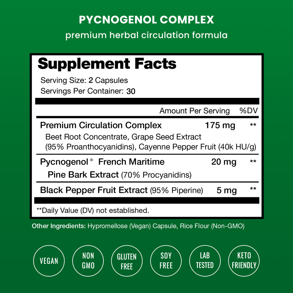Nutrachamps Pycnogenol® Pine Bark - Premium Supplement with Herbal Complex for Circulation, Blood Flow & Nitric Oxide Production - Superior Absorption & Results with Black Pepper Extract
