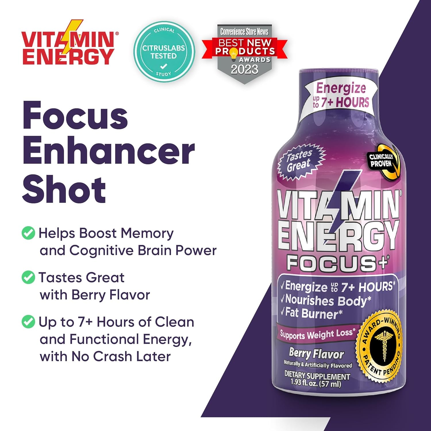 Vitamin Energy Focus+ Energy Drink Shot, up to 7+ Hours of Energy, Berry, 1.93Oz, 12 Count