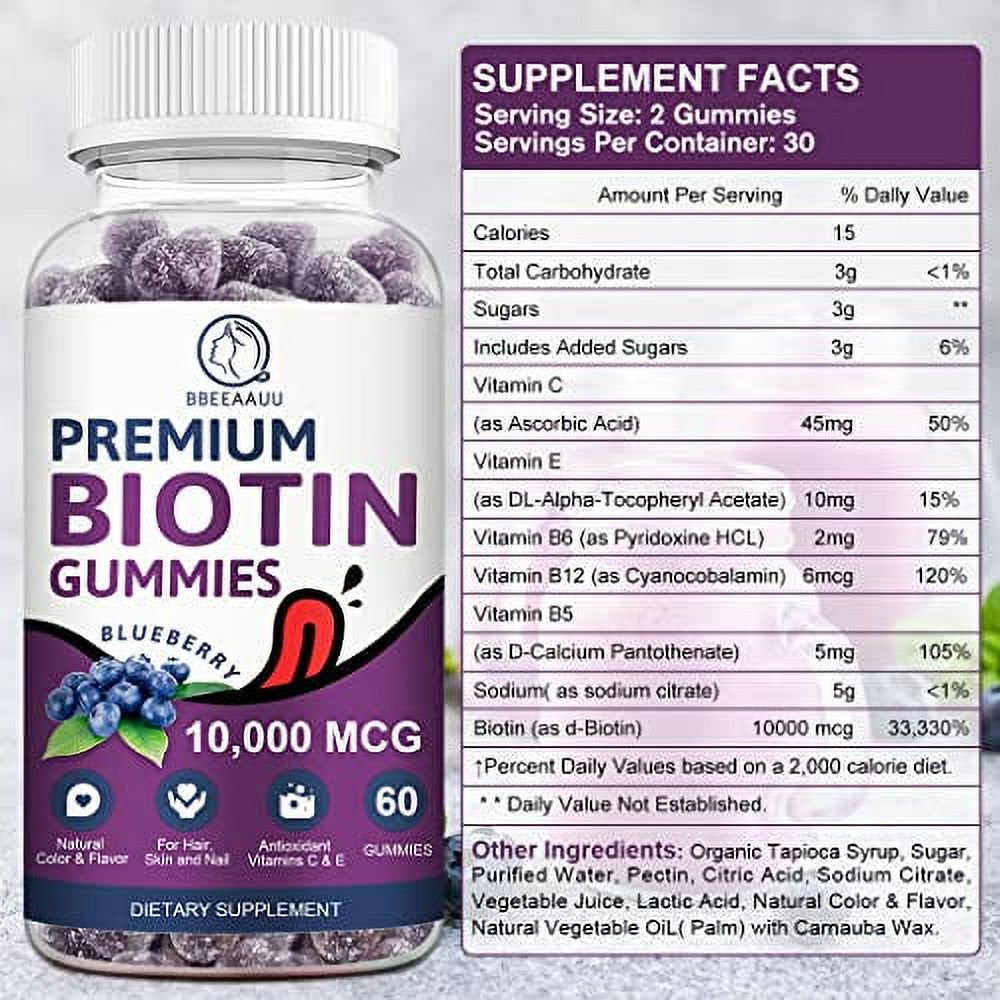 Biotin Gummies for Hair Growth, Biotin Hair, Skin & Nails Growth, 10000Mg Vitamins Gummy for Women Men and Kids Vegan, Pectin Based, Blueberry Flavor - 60 Count