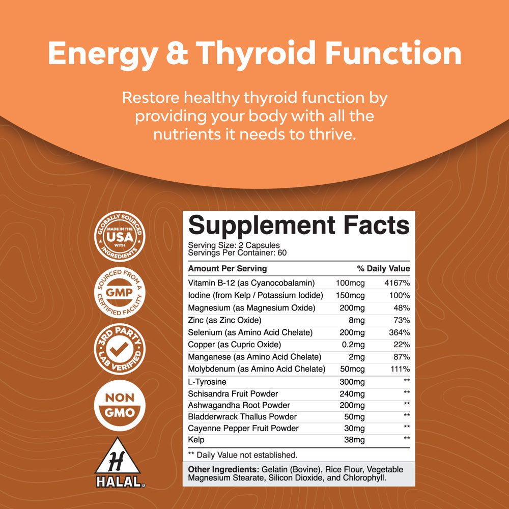 Herbal Adrenal and Thyroid Support Complex - Iodine Thyroid Supplement with L Tyrosine Bladderwrack Kelp Selenium and Ashwagandha - Mood Enhancer Energy Supplement for Thyroid Health - 120 Capsules