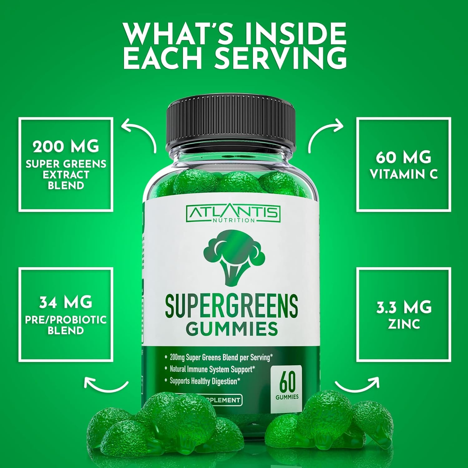 60 Supergreens Gummies Daily Green Superfoods Supplement + 60 Keto Apple Cider Vinegar Gummies Advanced Weight Loss.