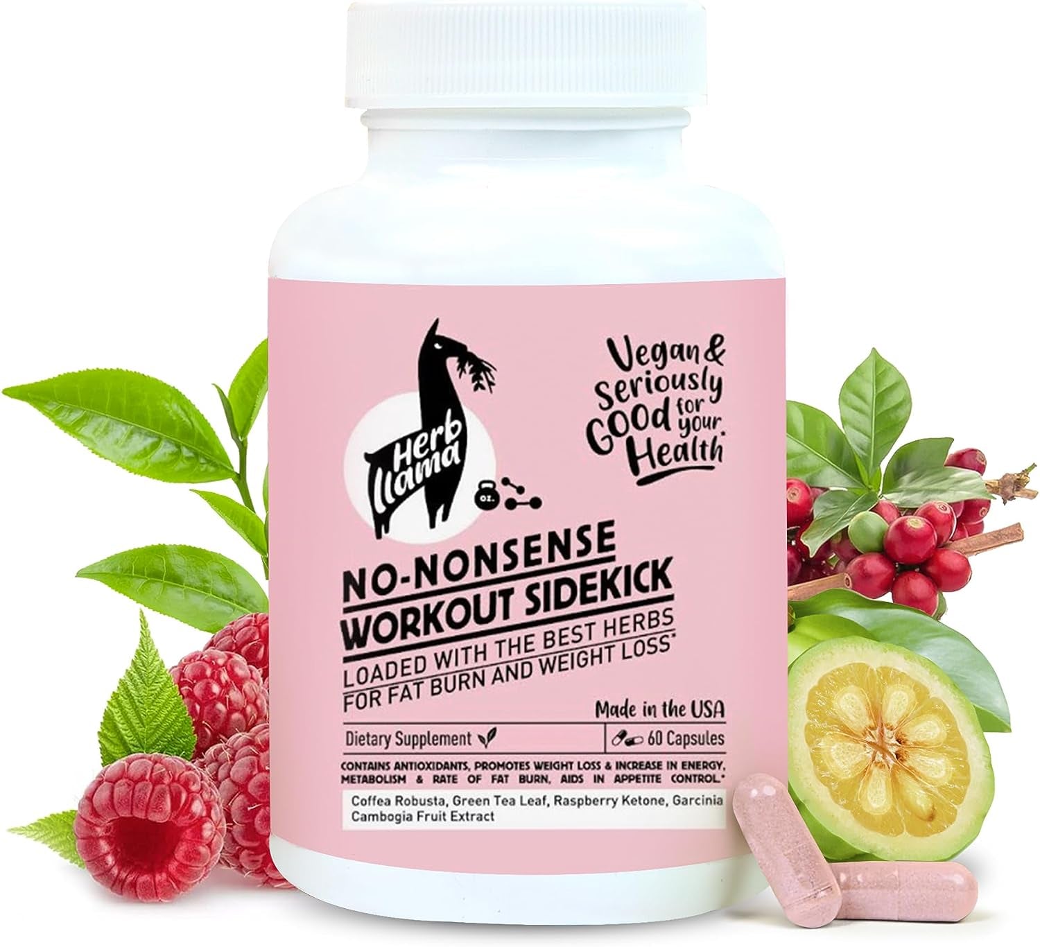 Herb Llama No-Nonsense Workout Sidekick, Enhanced with Antioxidants, Natural Energy and Metabolism Booster for Weight Management, Plant-Based Superfood Supplement with Fruit Extracts, 60 Capsules