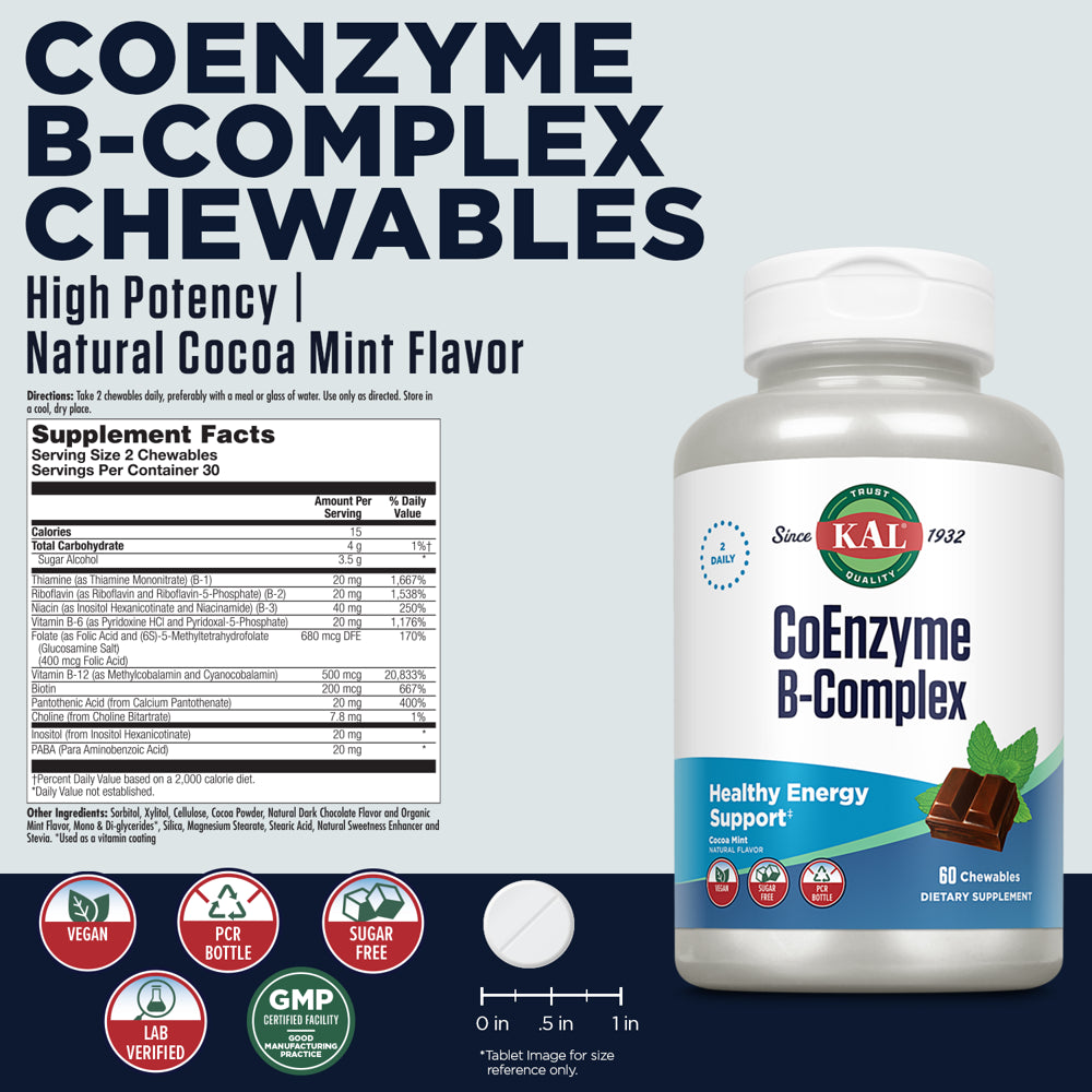 KAL Coenzyme B-Complex Chewables | Sugarless Natural Cocoa Mint Flavor | High Potency Formula | Healthy Energy Support | Vegetarian | 60 Chewables