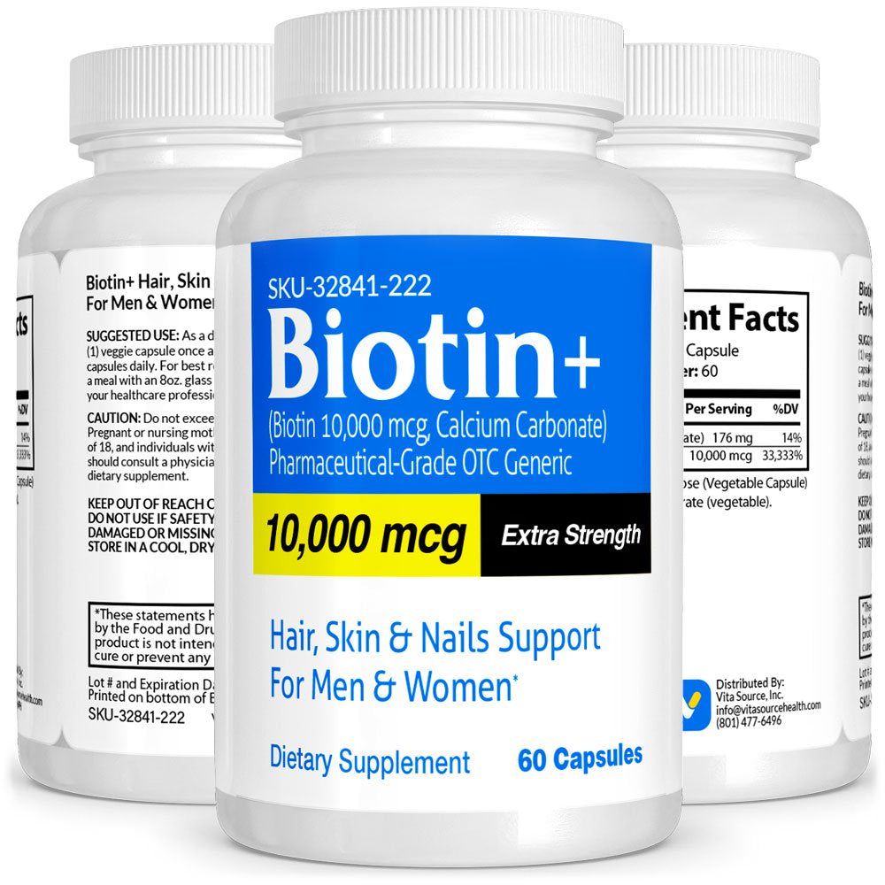 Biotin Pharmaceutical Grade OTC Extra Strength Hair Growth, Skin Health, 60 Ct, Vitasource