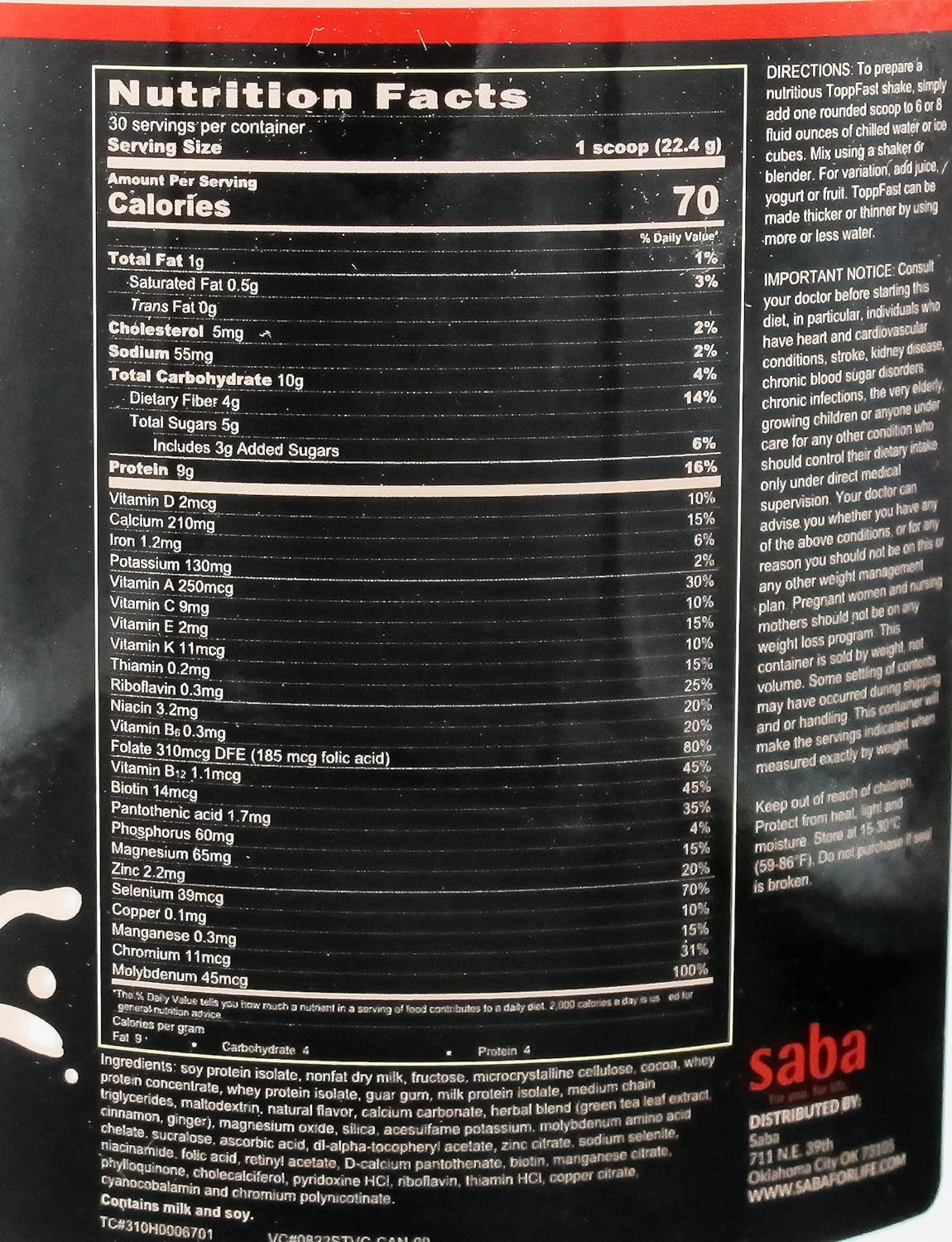Saba Toppfast™ Nutritional Shake -Scientific Blend of Proteins, Herbs, Vitamins, Minerals, & Antioxidants -30 Servings