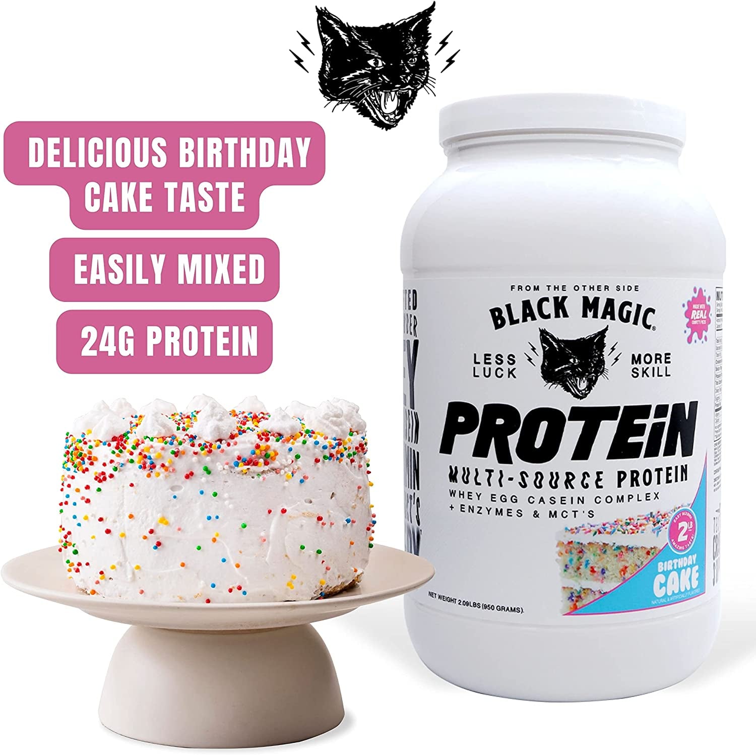 Worldwide Nutrition Bundle,2 Items: Black Magic Multi Source Protein Powder Whey, Egg Albumin Enzymes, Micellar Casein & Mcts Muscle Mass Gaining Birthday Cake Flavor - 2 LB & Multi Purpose Key Chain