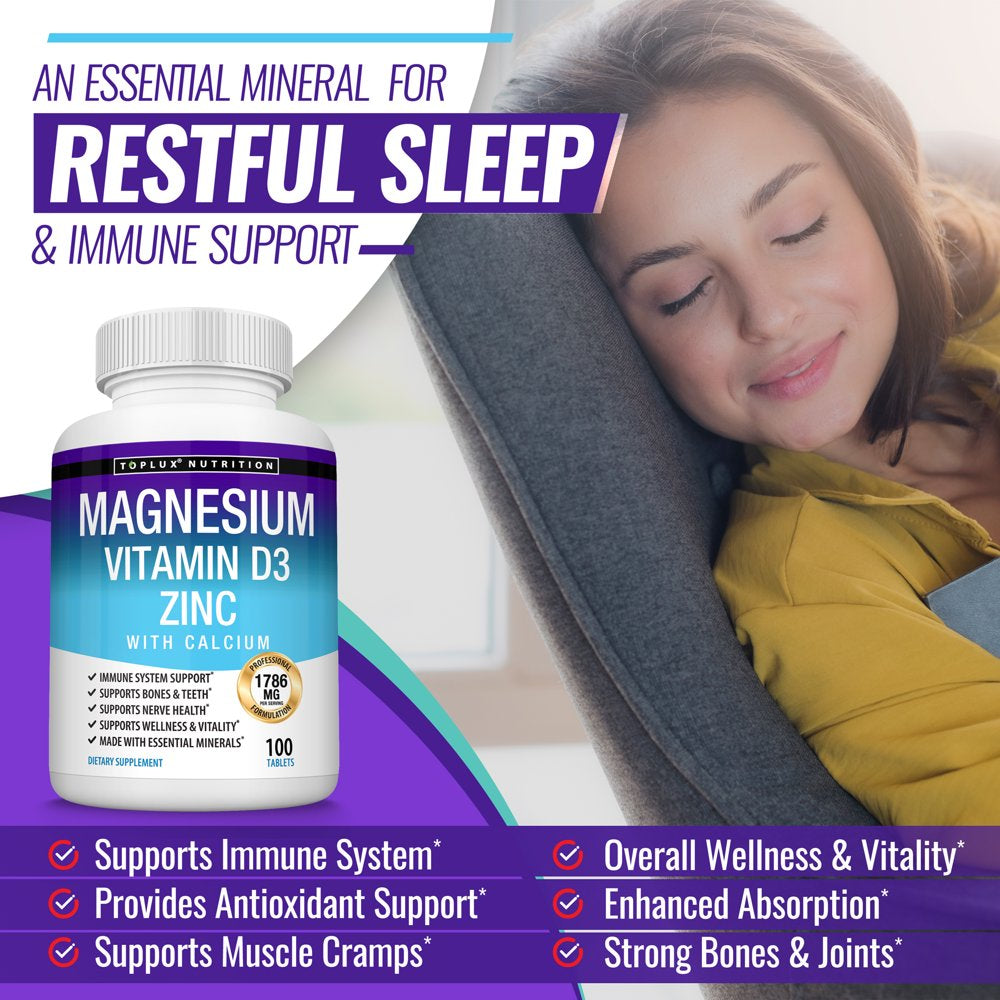Toplux Magnesium Zinc Vitamin D3 Calcium - Support Bone & Muscle Health, Immune System 100 Tablets