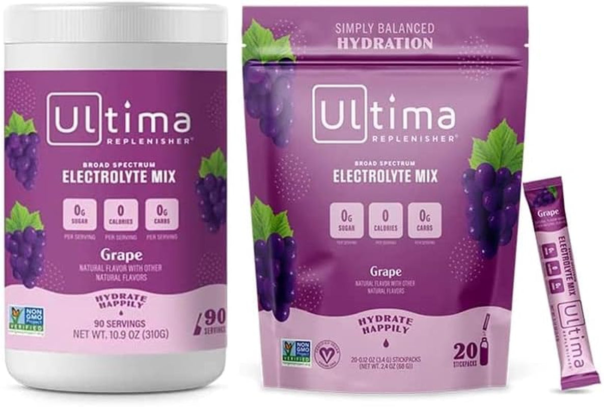 Ultima Replenisher Hydration Electrolyte Powder- Keto & Sugar Free- at Home & on the Go Convenience Bundle- Feel Replenished, Revitalized- Grape, 90 Serving Canister & 20 Serving Stickpack​