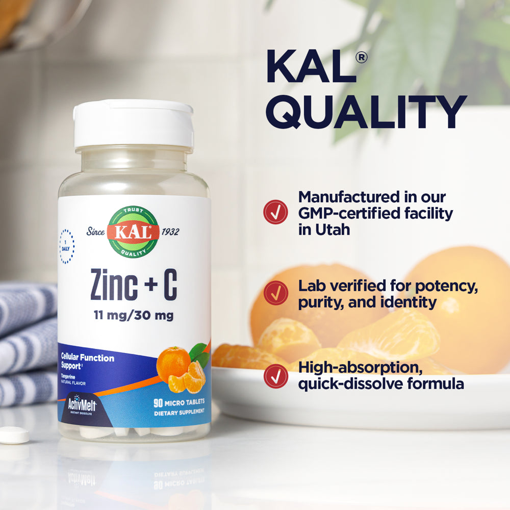 KAL Zinc plus C, Instant Dissolve Vitamin C and Zinc, Cellular Function and Immune Support, Optimal Absorption, Natural Tangerine Flavor, 60-Day Money-Back Guarantee, 90 Servings, 90 Micro Tablets