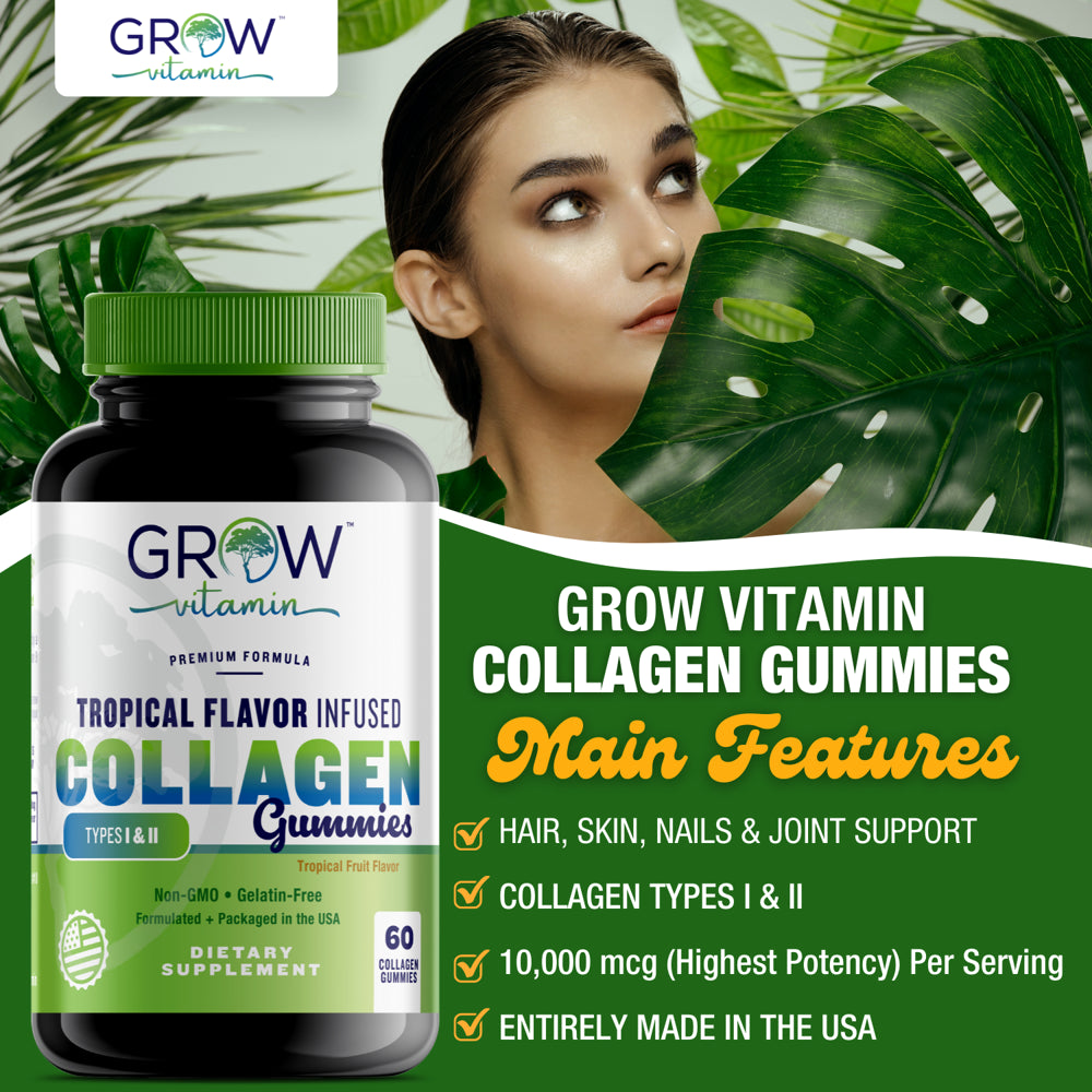 Collagen Gummies for Women, Hair, Skin, Nails, Bone Loss, Anti-Aging Support, Type 1 and 3, 10,000 Mcg (Highest Potency), Gelatin-Free, Non-Gmo, Made in USA by Grow Vitamin , 60 Gummies