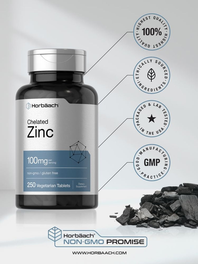 Chelated Zinc Supplement 100Mg | 250 Tablets | Vegetarian Formula | by Horbaach