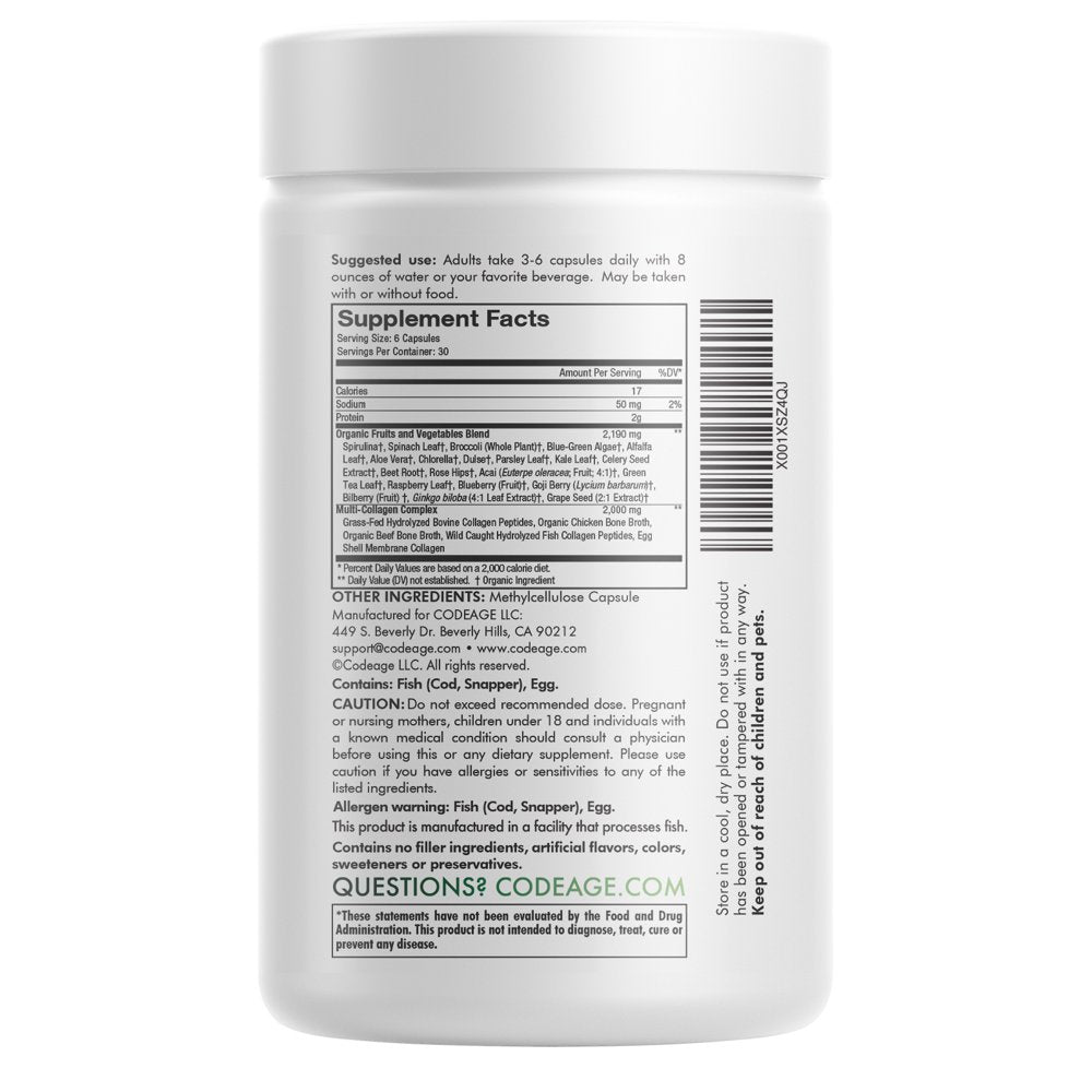 Codeage Multi Collagen Raw Greens, 5 Types Collagen Peptides Capsules, Organic Fruits & Vegetables, 180 Ct