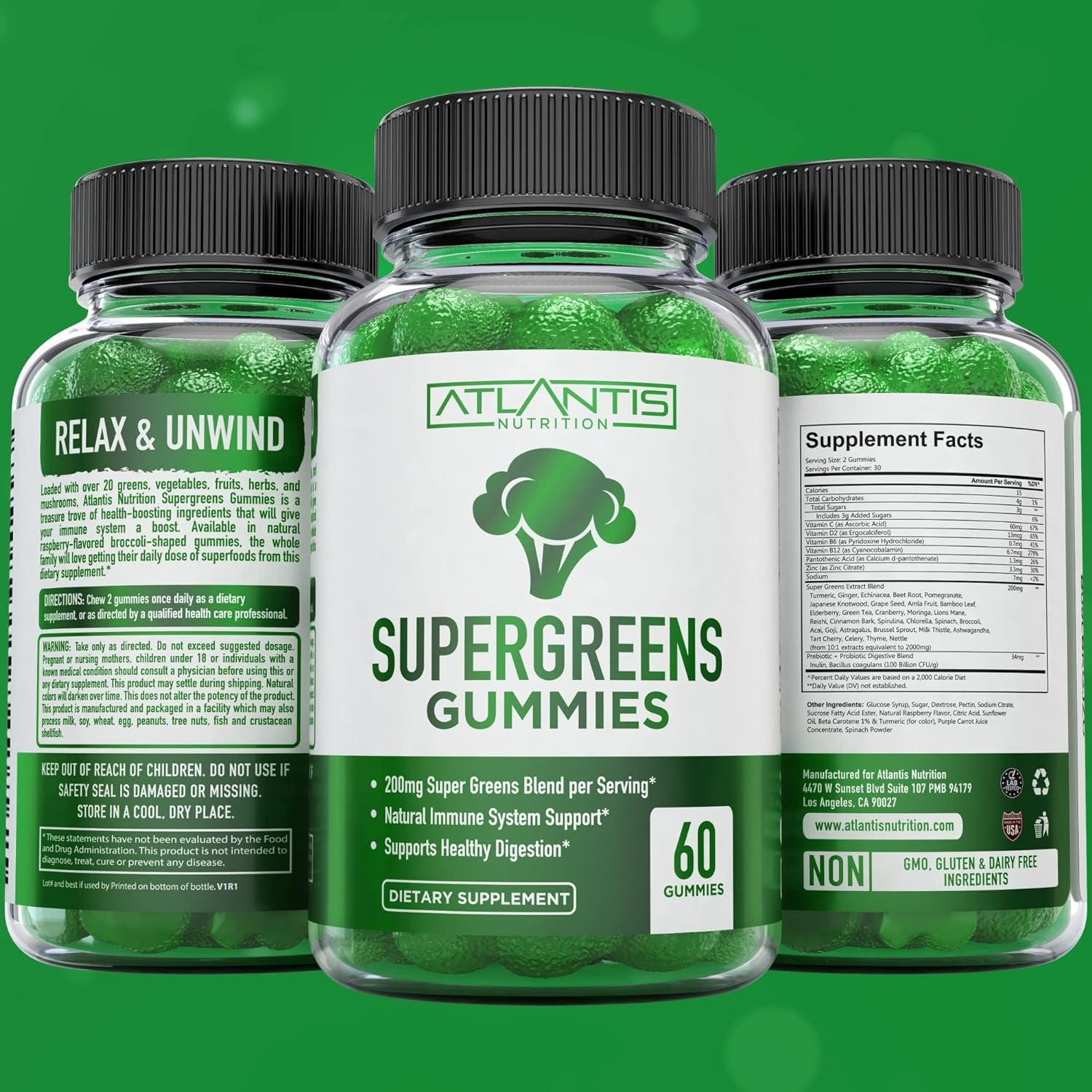 60 Supergreens Gummies Daily Green Superfoods Supplement + 60 Keto Apple Cider Vinegar Gummies Advanced Weight Loss.