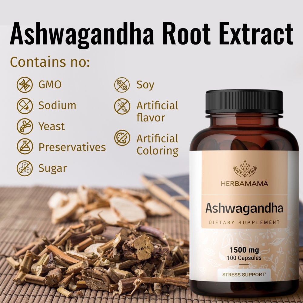 HERBAMAMA Ashwagandha Root Powder Capsules for Energy, Mood and Stress Support, 100 Ct