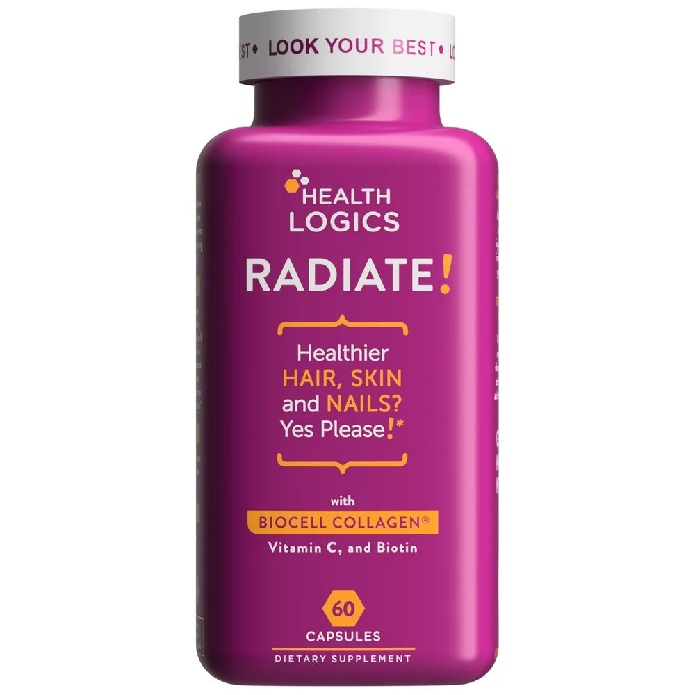 Health Logics Radiate! | Hair Skin Nails with Biotin, Biocell Collagen, Vitamin C, Hyaluronic Acid | Clinically Evaluated to Reduce Facial Lines, Wrinkles, Crows Feet & Promote Joint Comfort