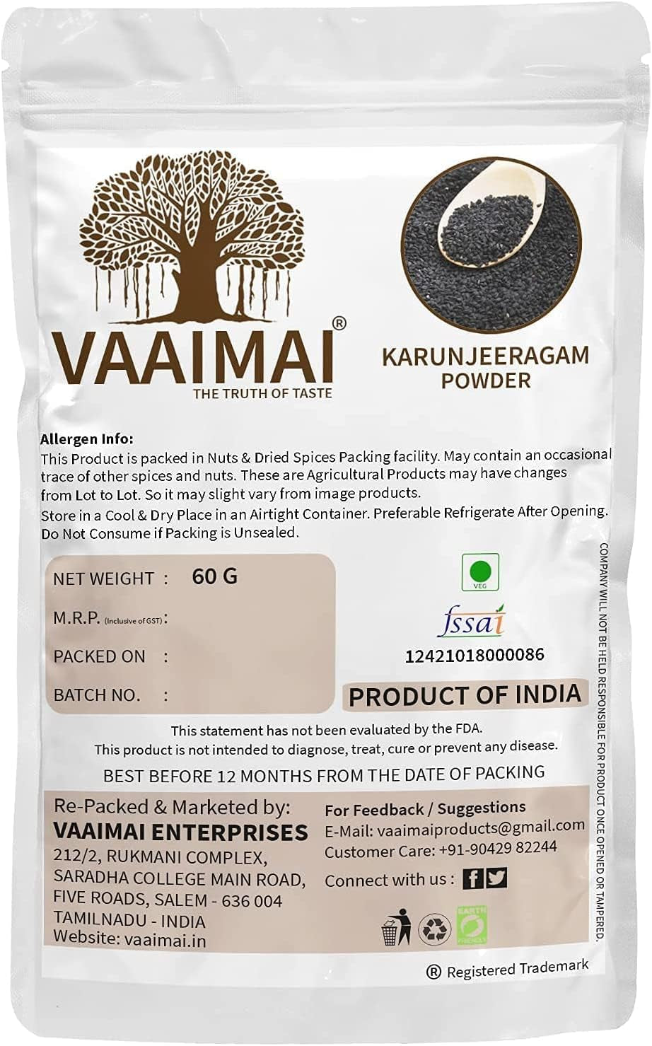 CROW VAAIMAI Karunjeeragam Powder/Black Cumim/Nigella Sativa, 60G