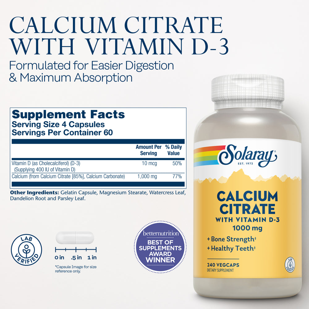 Solaray Calcium Citrate W/ Vitamin D3 1000Mg, Healthy Bones & Teeth, Heart, Muscle & Nerve Support, 60 Serv, 240 Vegcaps