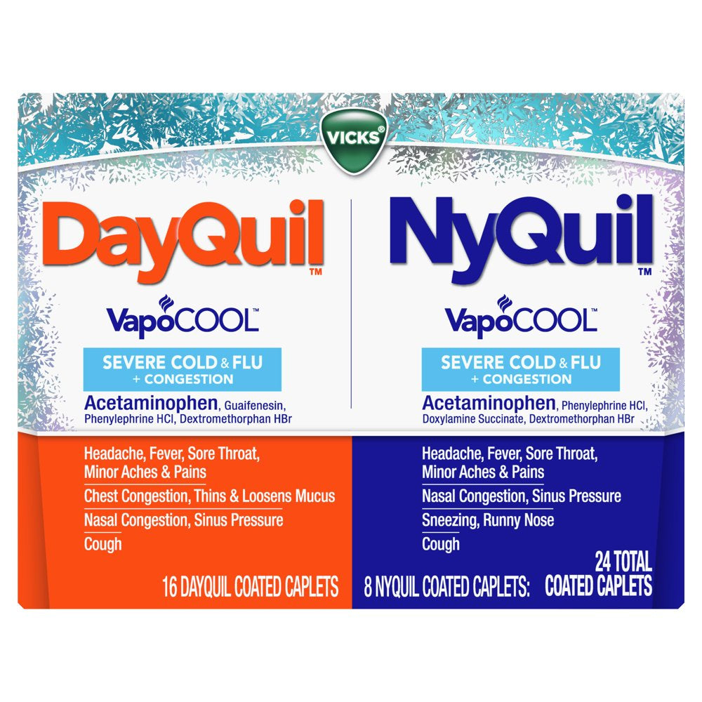 Vicks Dayquil & Nyquil Vapocool Caplets, Severe Cold & Flu Relief, Over-The-Counter Medicine, 24 Ct