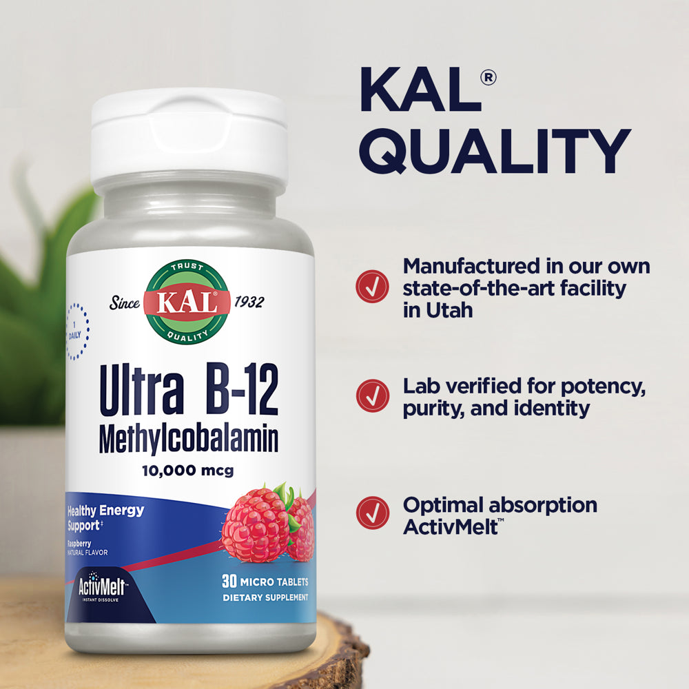 KAL Ultra B-12 Methylcobalamin 10000 Mcg Activmelt | Natural Raspberry Flavor | Healthy Metabolism, Nerves & Red Blood Cell Support | 30 Micro Tablets