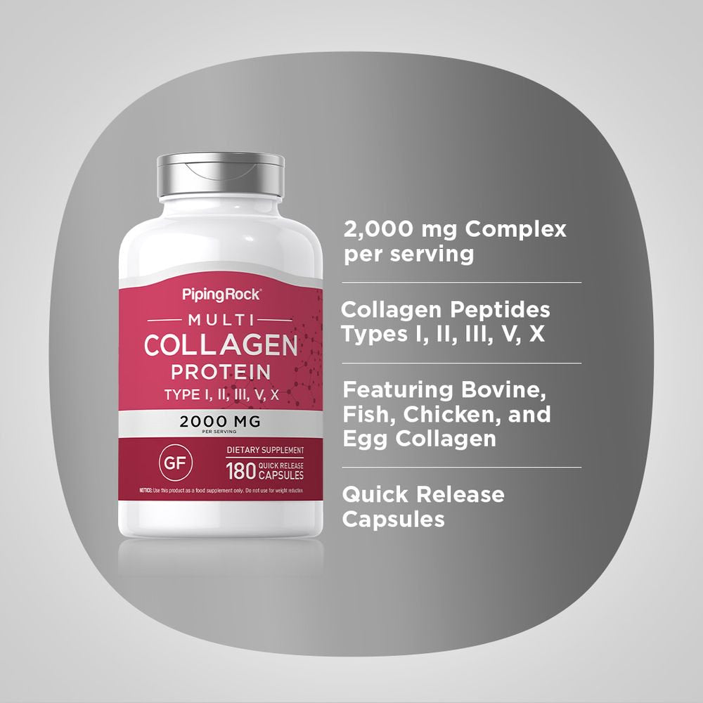 Multi Collagen Protein | 180 Powder Capsules | 2000Mg | Types I, II, III, V, X Pills | Non-Gmo, Gluten Free | by Piping Rock