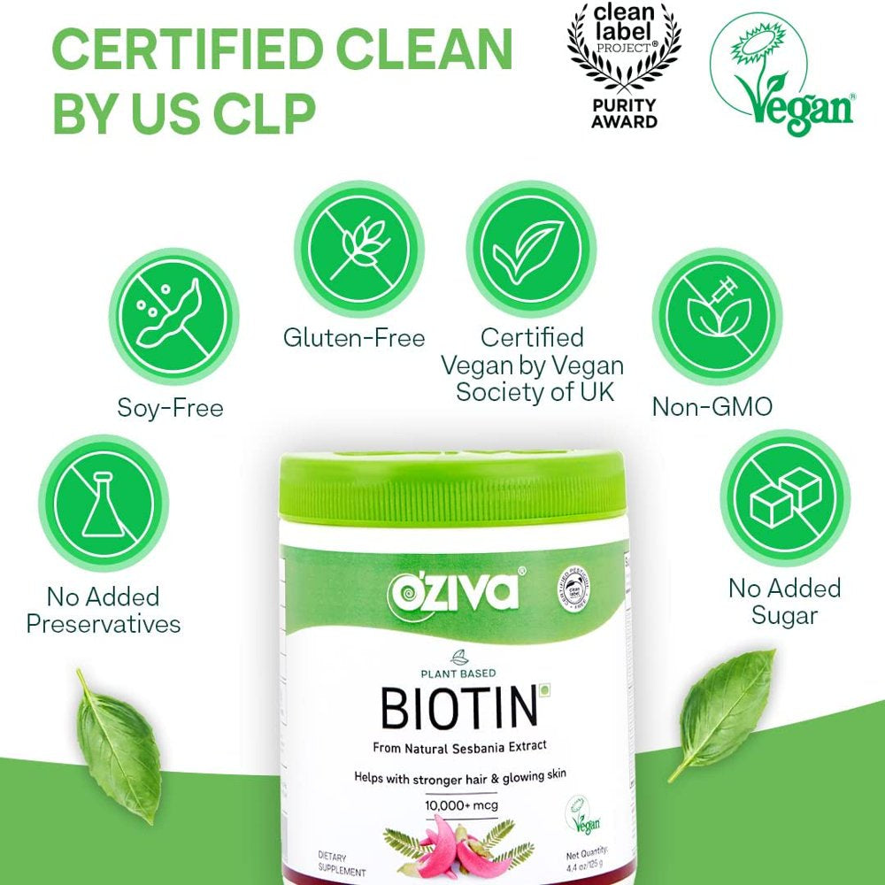 Oziva Plant Based Biotin for Hair Growth| Biotin Powder for Hair Follicle Stimulation & Healthier Texture, Skin, Nails & Body (With Silica, Sesbania Agati), Certified Clean & Vegan, 125G