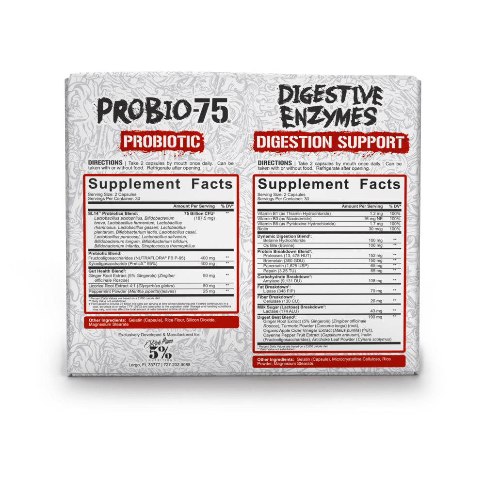 5% Nutrition Rich Piana | Probio-75 & Digestive Enzymes Digestion Supplement | Digestive Enzymes with Probiotics and Prebiotic Fiber 120 Gelatin Capsules (30 Svgs)